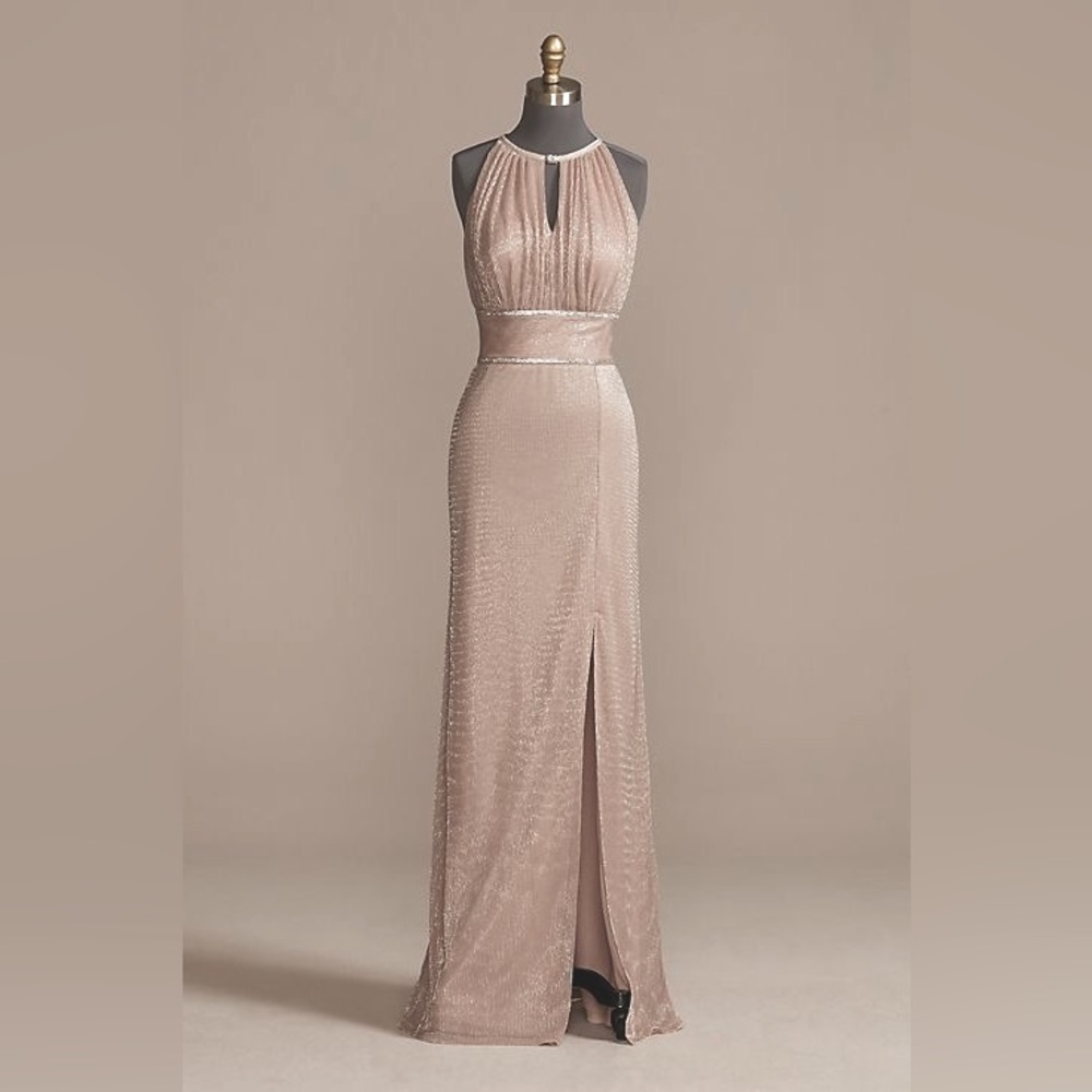 high-neck rose gold glitter gown with slit